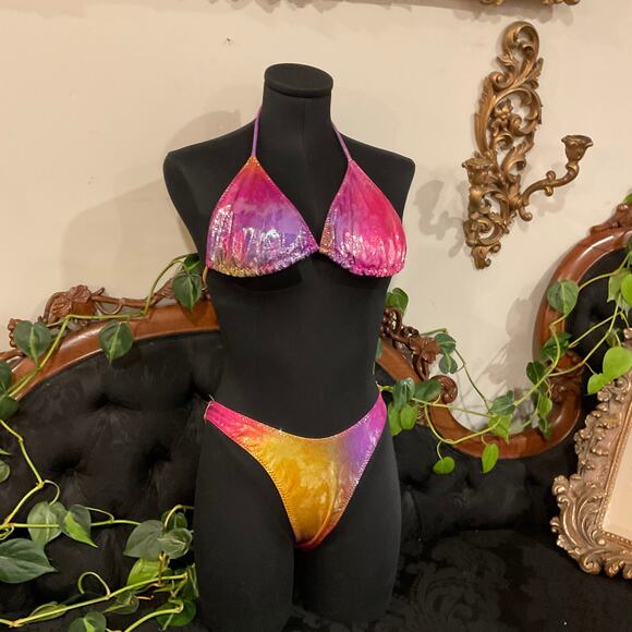 Vintage rainbow Shiny Halter Bra &amp; Bikini Set swim High Cut Multicolor Size L